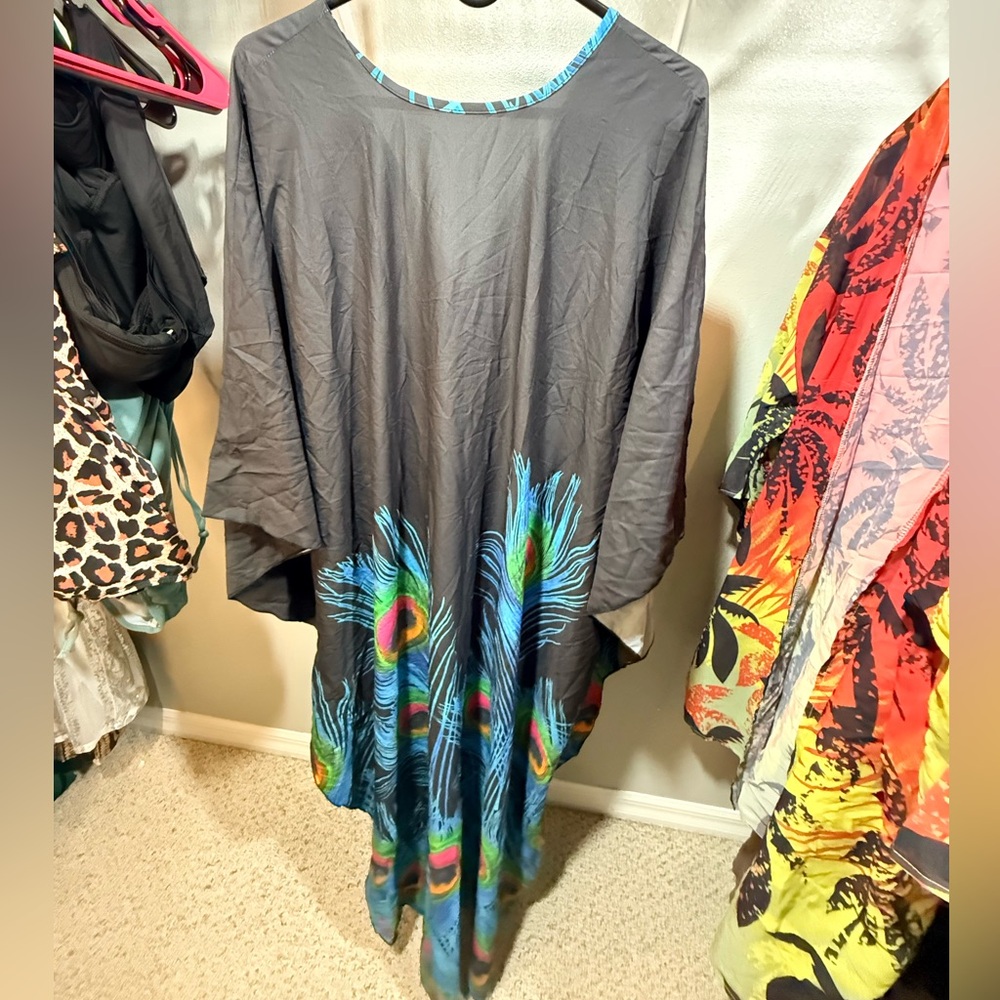 ⚡️ Peacock Print Kaftan Cover Up Gray Blue Beach Resort Maxi Kimono - Picture 2 of 4